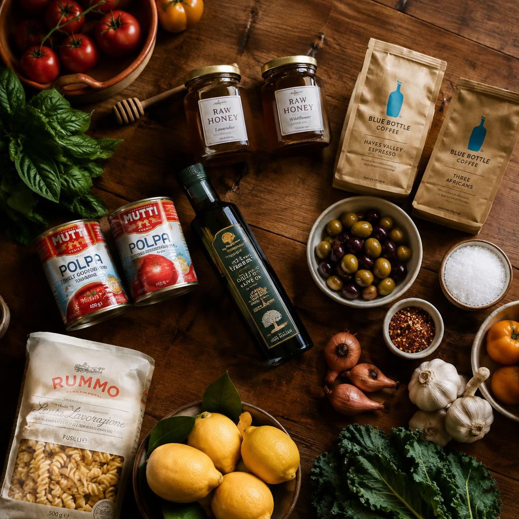 Pantry staples on a wooden table
